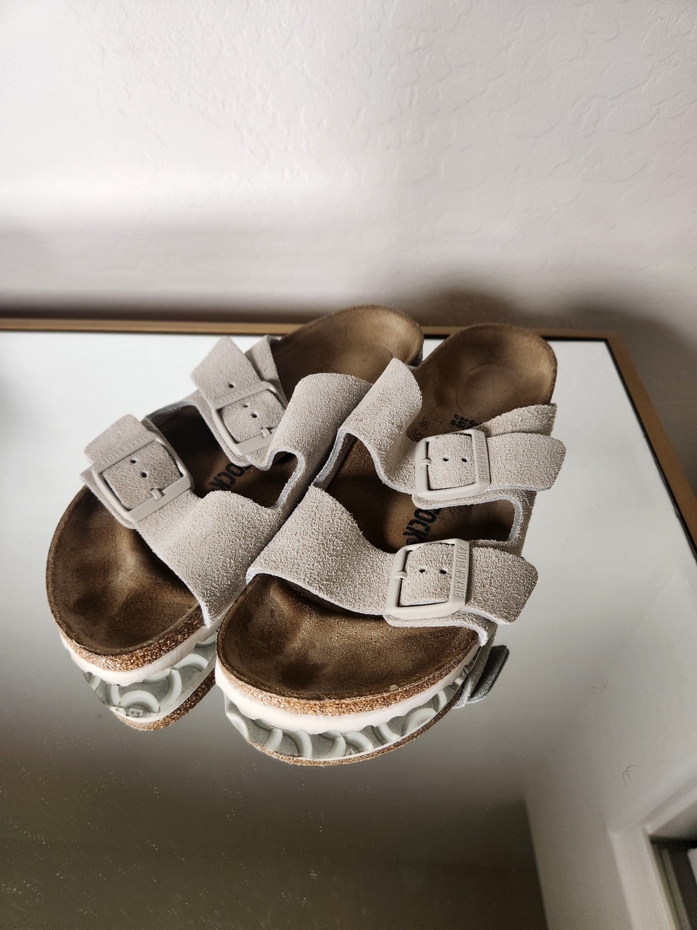 Birkenstock Suede Double-Buckle Sandals in Light Beige